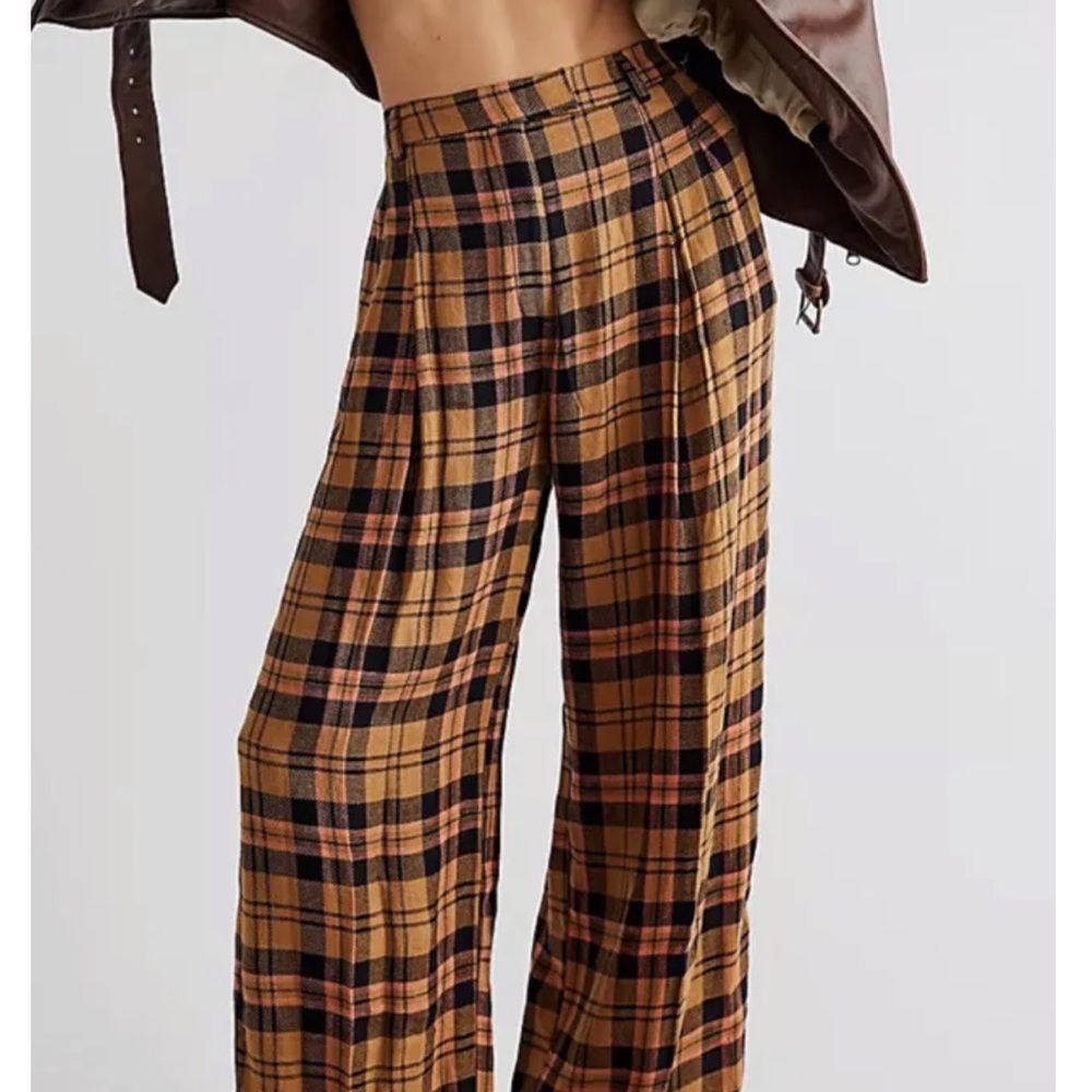 Free People Lyla Menswear Plaid Trouser Slouchy Wide Leg Olive Black Rose - Picture 1 of 5
